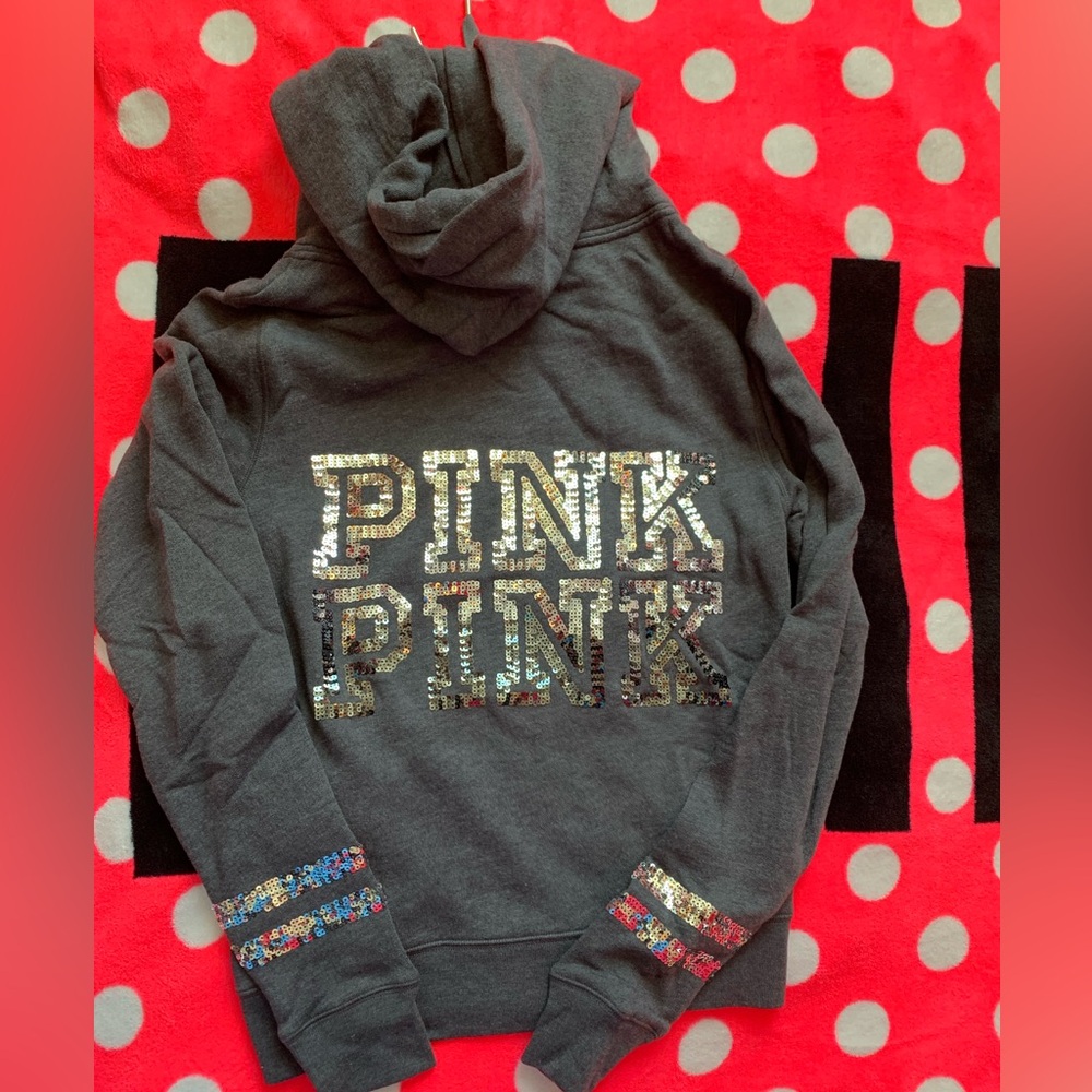 NWT VS PINK BLING Silver Sequins Gray Zip Hoodie X Small